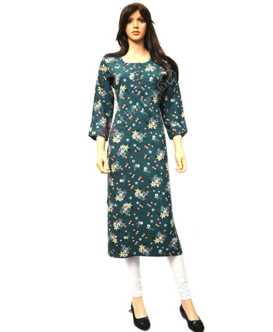 Cotton Printed Kurti-M-Forest Green