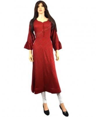 Mix Cotton Printed Gown-L-Maroon