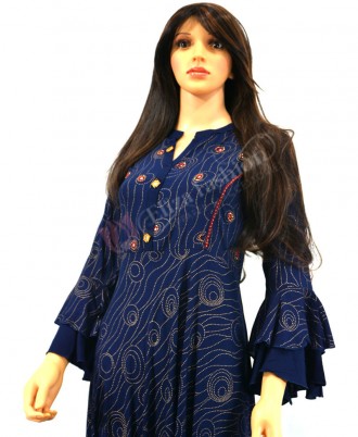 Rayon Printed Gown-XL-Navy Blue
