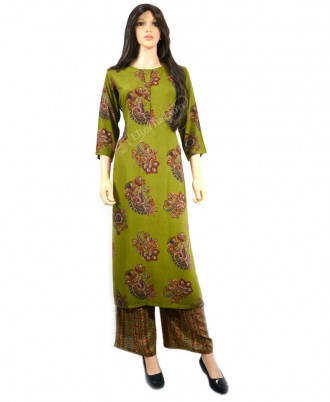 Rayon Pista Green Printed Palazzo Suit-L-Pista Green