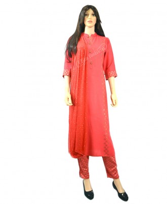 Cotton Gajri Color Kurti & Printed Pant With Dupatta-XL-Gajri