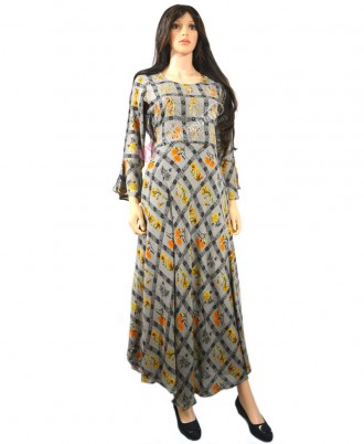 Rayon Light Grey Color Gown Yellow & Black Printed & Golden Embroidered-XL-Light Grey