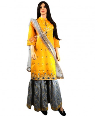 Chanderi Gharara Suit Embroidered-M-Yellow and Grey