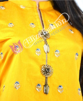 Chanderi Gharara Suit Embroidered-M-Yellow and Grey