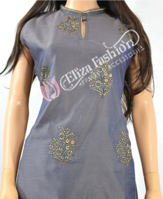 Chanderi Palazzo Suit Embroidered-L-Grey