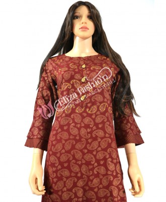 Cotton Palazzo Suit Thread Work and Printed-M-Maroon
