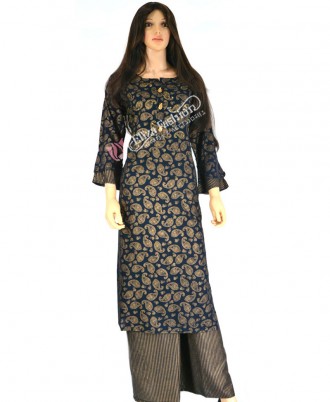 Cotton Palazzo Suit Thread Work and Printed-XL-Deep Grey