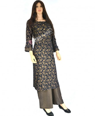 Cotton Palazzo Suit Thread Work and Printed-XL-Deep Grey