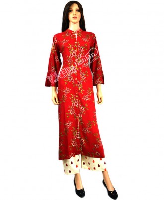 Rayon Palazzo Suit Printed-M-Red