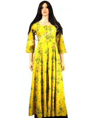 Cotton Gown Printed-L-Yellow
