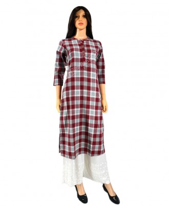 Cotswool Kurti Shopesque Check-L-Red, Grey and White