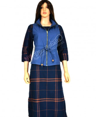 Cotswool Kurti Shopesque Checks with Jacket-L-Navy Blue and Orange