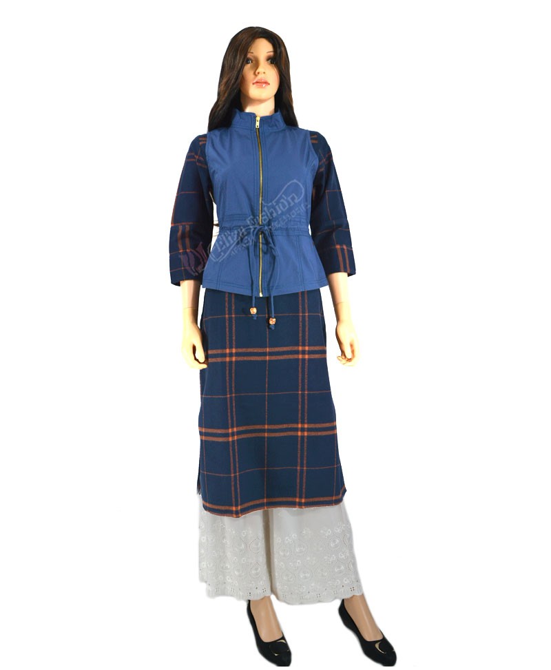 Cotswool Kurti Shopesque Checks with Jacket-L-Navy Blue and Orange