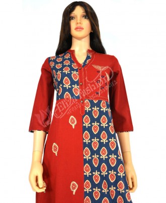 Cotton Kurti Blue and White Thread Hand Work-M-Maroon and Navy Blue