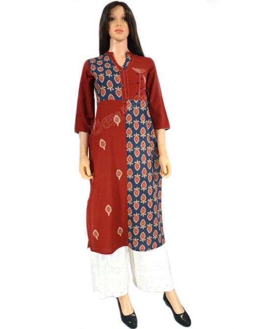 Cotton Kurti Blue and White Thread Hand Work-M-Maroon and Navy Blue