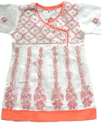 Cotton Frock Chikan Churidar Suit White and Blush