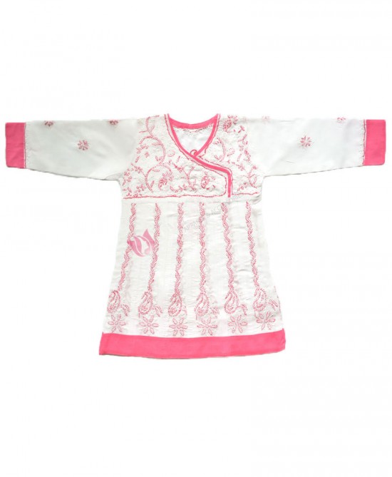 Cotton Frock Chikan Churidar Suit White and Pink