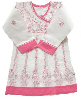 Cotton Frock Chikan Churidar Suit White and Pink