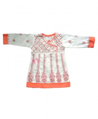 Cotton Frock Chikan Churidar Suit White and Peach