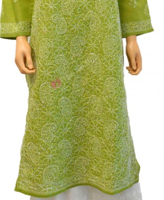 Cotton Kurti Chikan Hand Embroidered-XL-Light Green