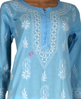 Cotton Linen Kurti Chikan Hand Embroidered-M-Light Blue