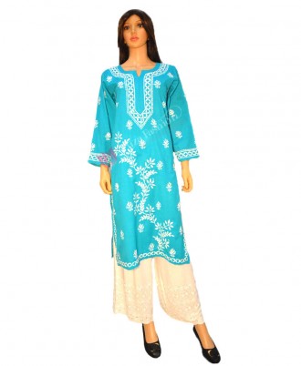 Cotton Linen Kurti Chikan Hand Embroidered-M-Turquoise Blue