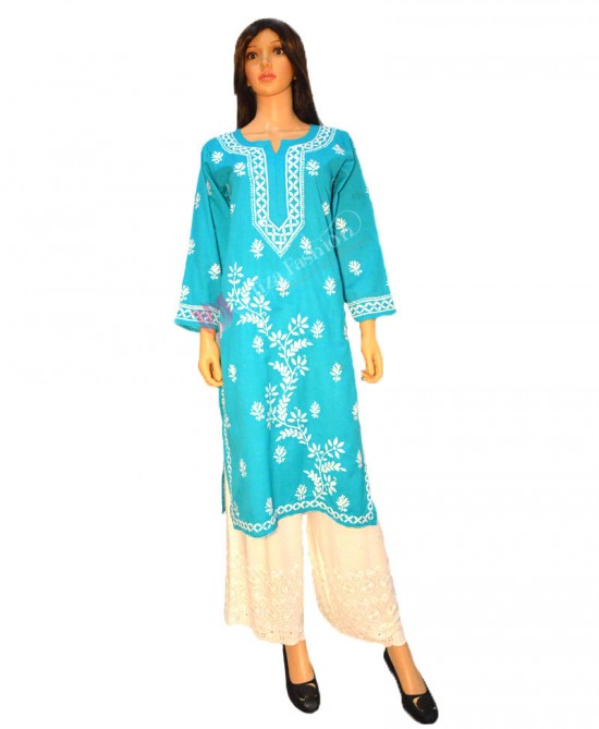 Cotton Linen Kurti Chikan Hand Embroidered-M-Turquoise Blue