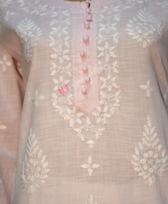Cotton Linen Kurti Chikan Hand Embroidered-M-Light Pink