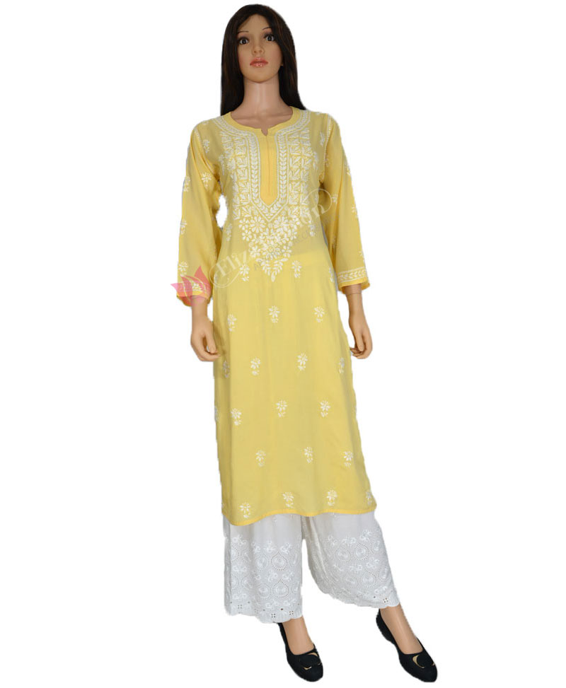 Straight Yellow Lucknowi Modal Chikan Kurti, Size: Medium at Rs 900 in  Lucknow