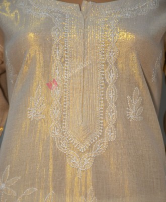 Simar Cotton Kurti Chikan Hand Embroidered-XL-Golden