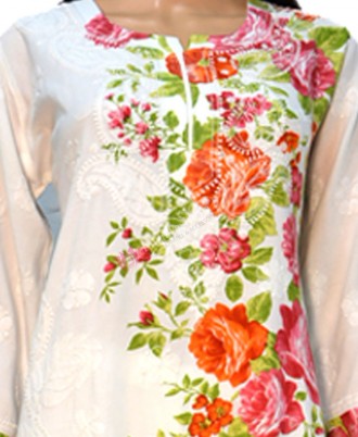 Rayon Printed Kurti Chikan Hand Embroidered- XL- White Printed